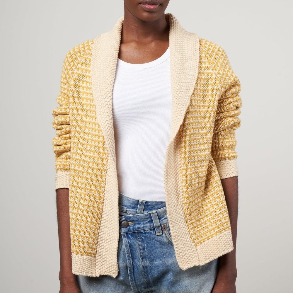 The Great Minicheck Lodge Cardigan Sweater Medium Golden Light Yellow Cozy Fall